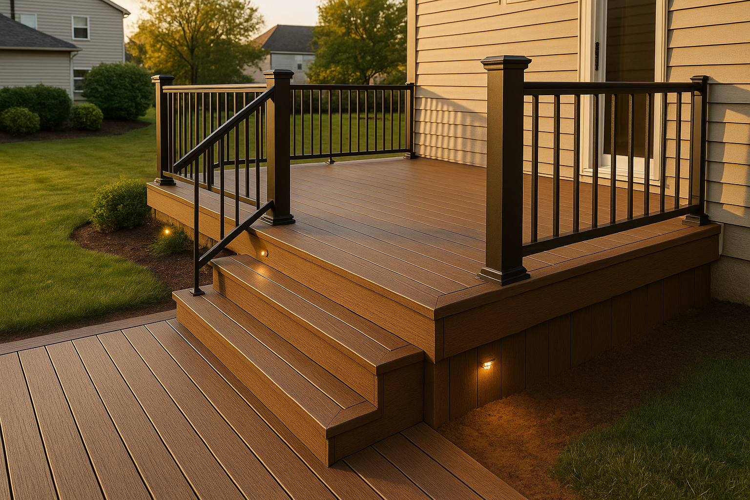 Wide golden-hour view of a premium composite deck with capped boards, picture-frame border, aluminum rail, flashed ledger, and graded clay soil.