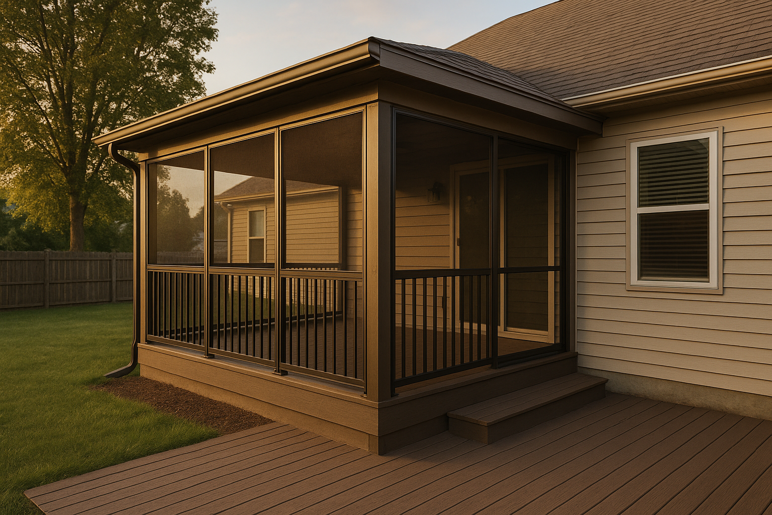 12x16 screened porch exterior at golden hour with composite decking, black railing, Eze-Breeze panels, matching roof tie-in, suburban yard.