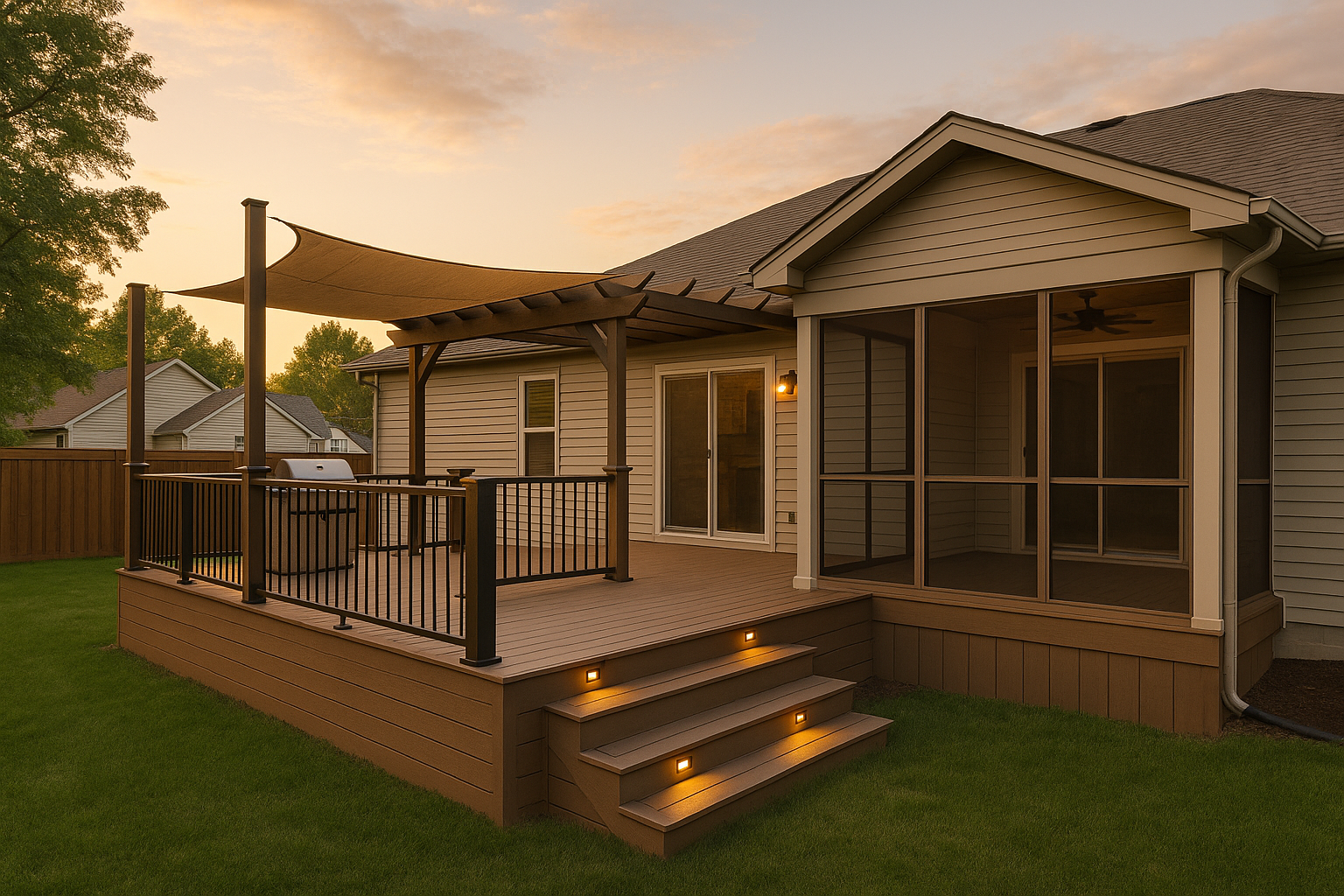Wide golden-hour backyard: open deck with pergola and adjacent roofed screened porch with ceiling fan, aluminum rails, matching fence, illuminated post lights.