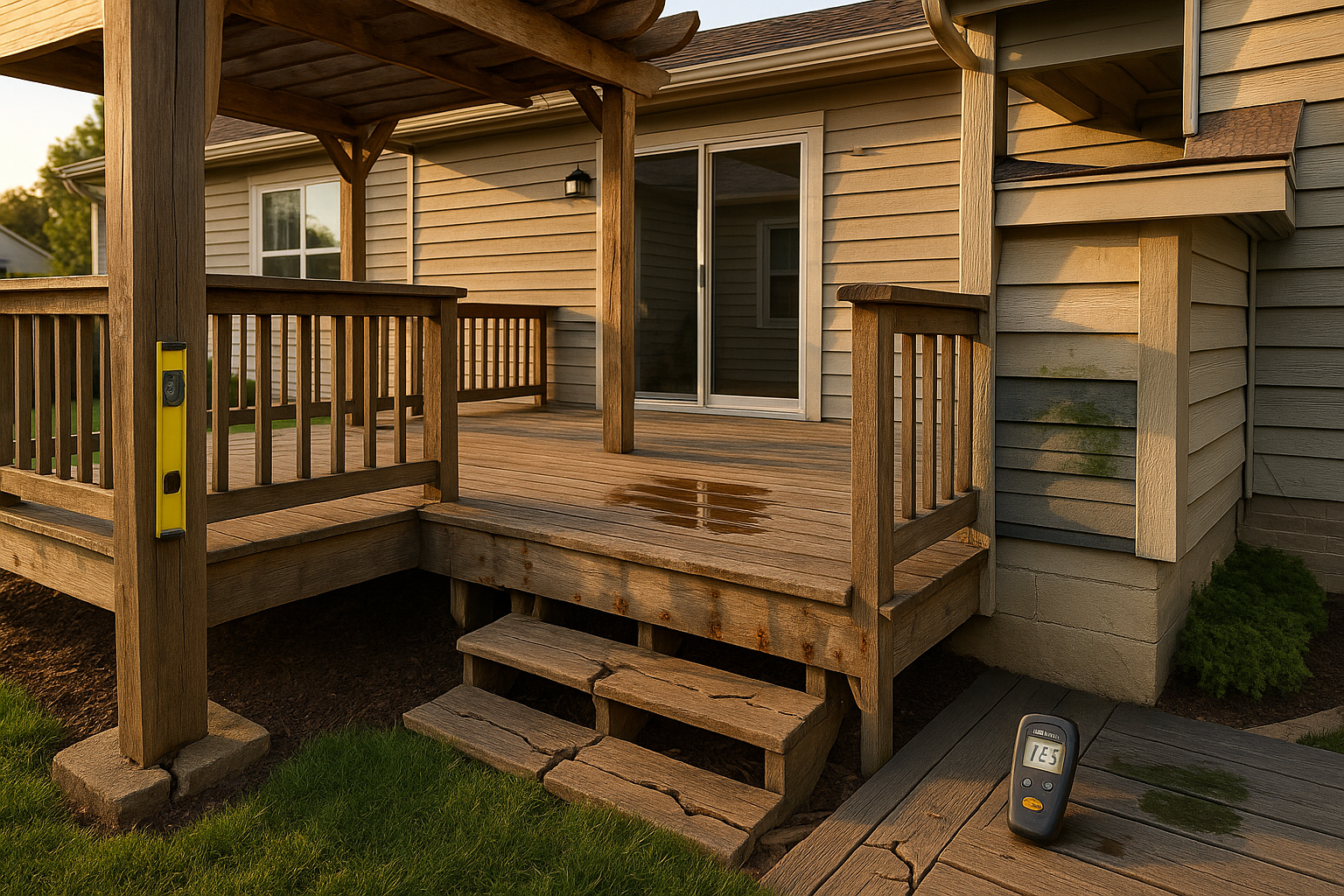 Wide golden-hour suburban deck attached to a home showing lifted concrete footing, tilted post, ledger gap, corroded hangers, cupped boards, and algae.