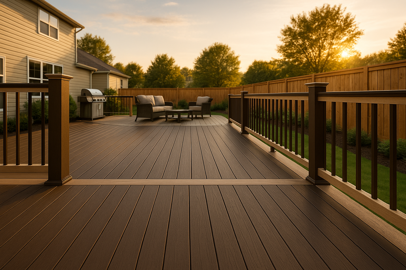 Wide golden-hour backyard with composite deck, matching railing and refreshed fence in suburban Indiana.