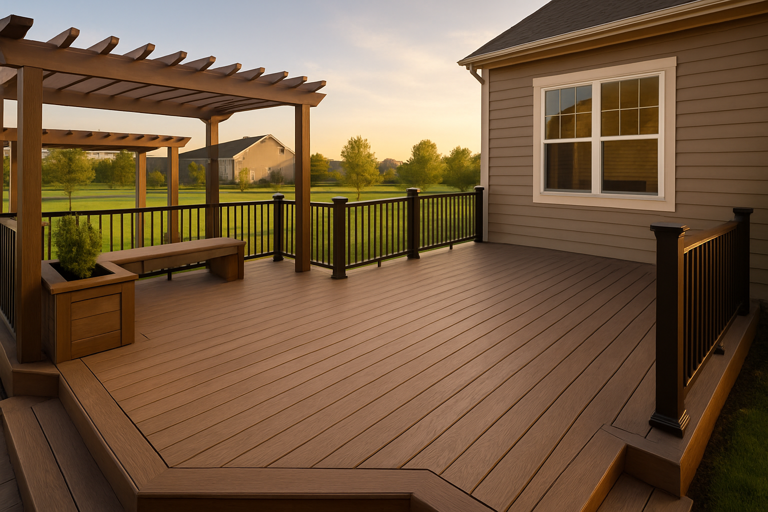 Wide-angle premium Westfield deck at golden hour with capped composite decking, pergola, aluminum railing, integrated bench, tidy lawn.