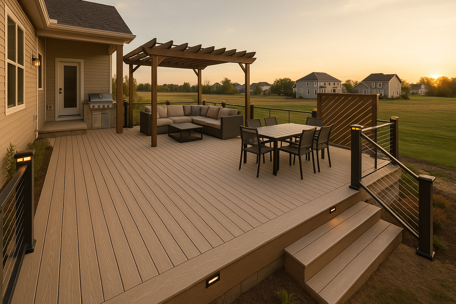 Wide golden-hour suburban deck with light composite boards, pergola, grill landing, cable railing, privacy panel, warm daylight, Westfield backyard.