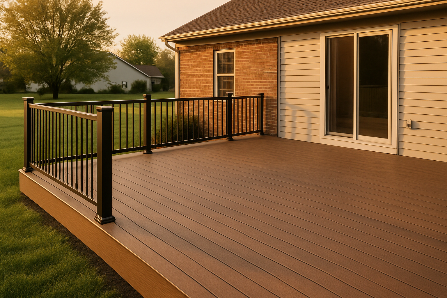Premium composite deck with powder-coated aluminum rail in an Indianapolis yard at golden hour, brick and vinyl house backdrop.