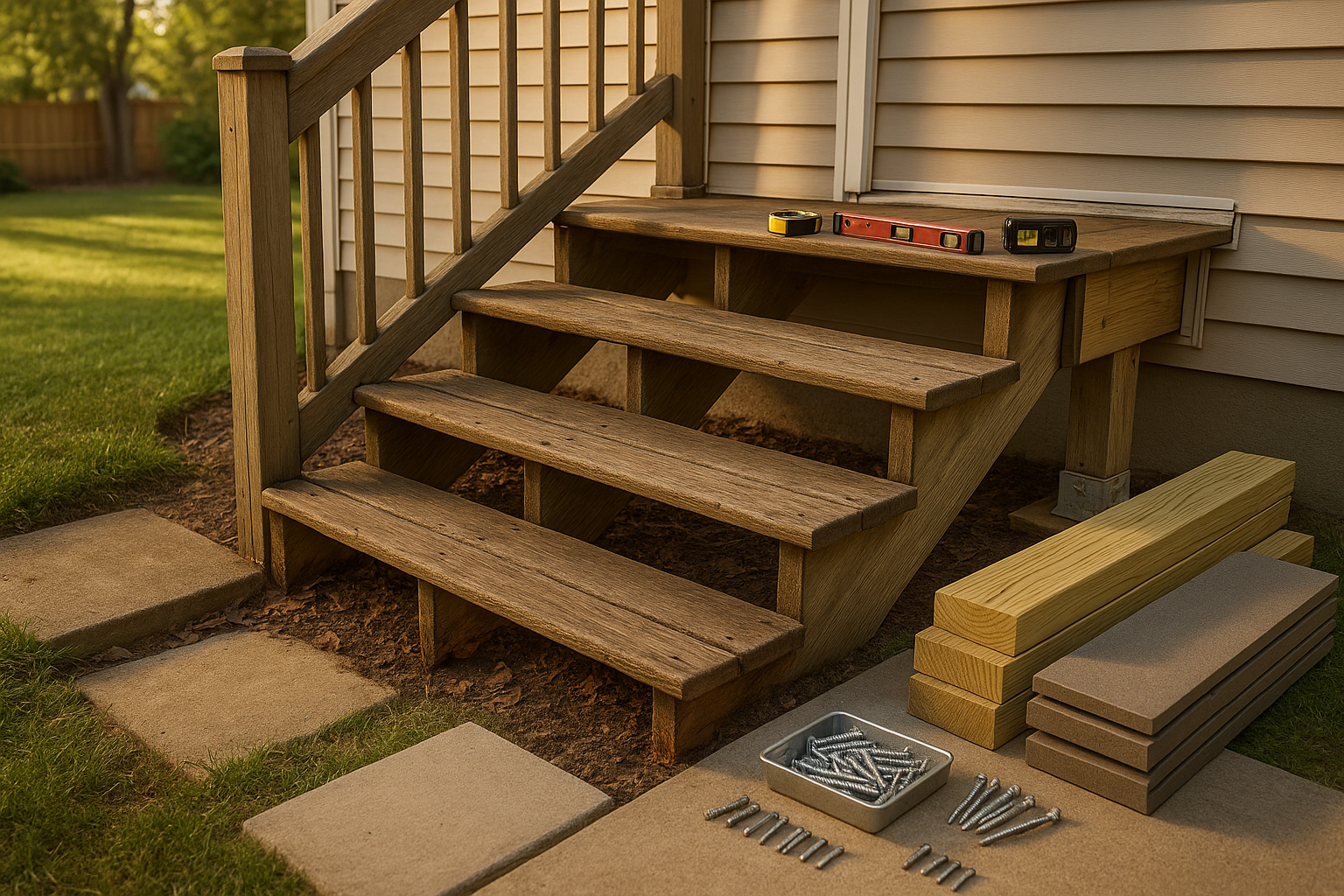 Wide golden-hour view of wobbling deck stairs, rotted stringer end, new footing, composite treads, staged tools, leaf litter in Indianapolis yard.