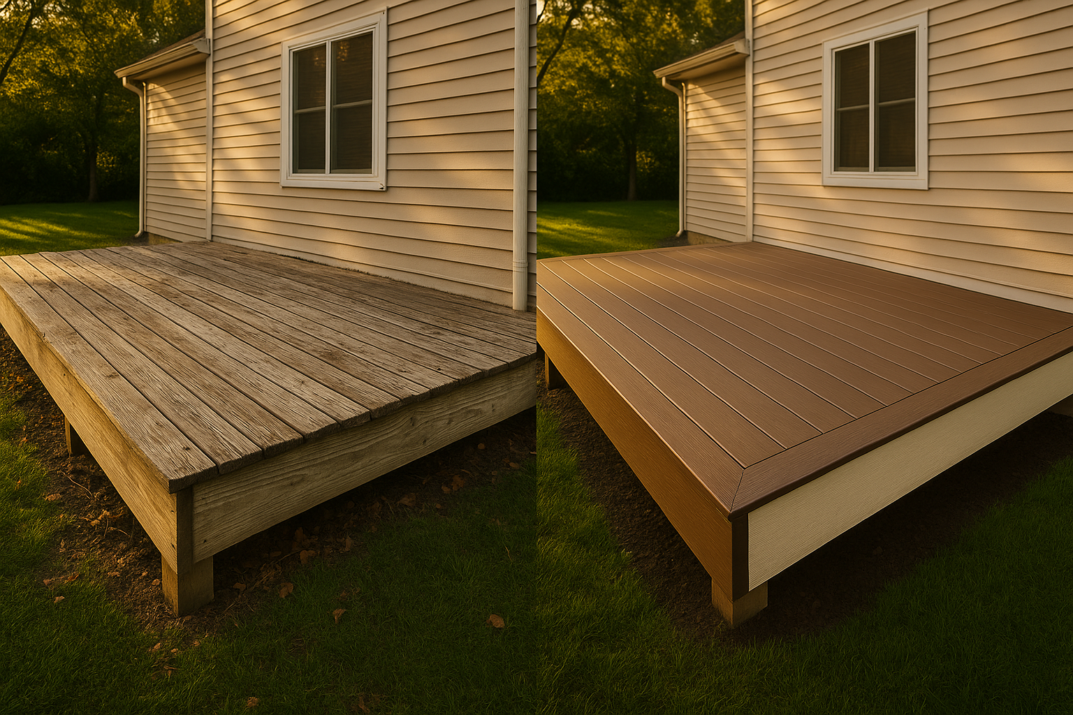 Side-by-side before (weathered wood) and after (capped composite) deck in Indianapolis backyard, golden hour, ledger flashing visible, no people.