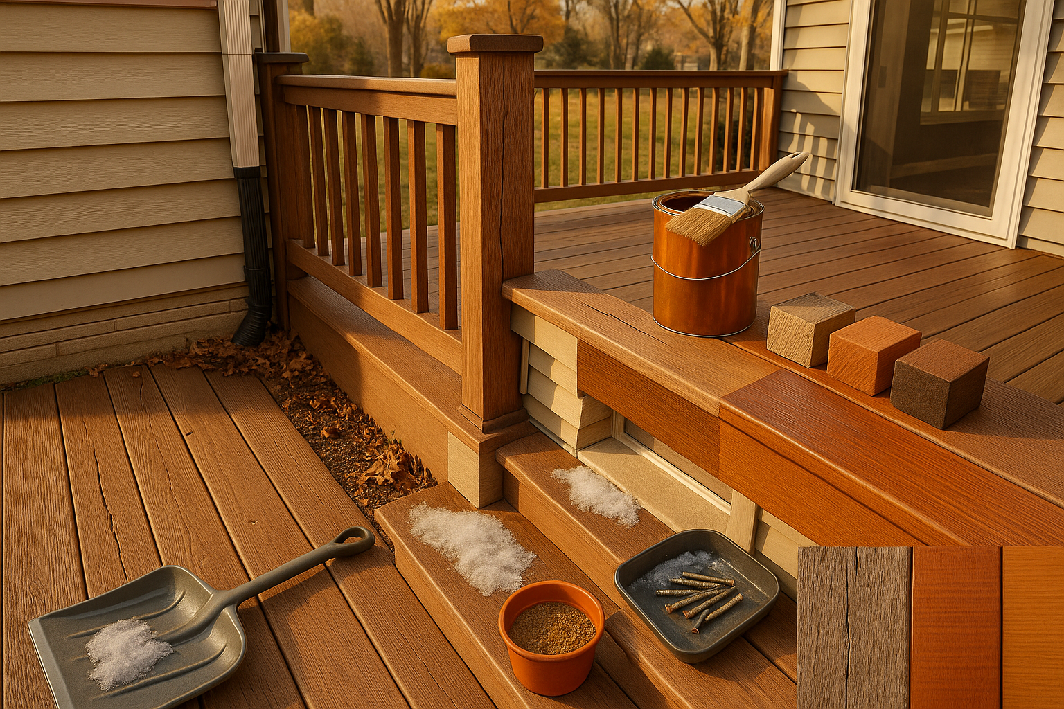 Wide golden-hour deck overview showing cracked board, loose railing, stain can, shovel, ice patch and wood samples in a suburban yard.