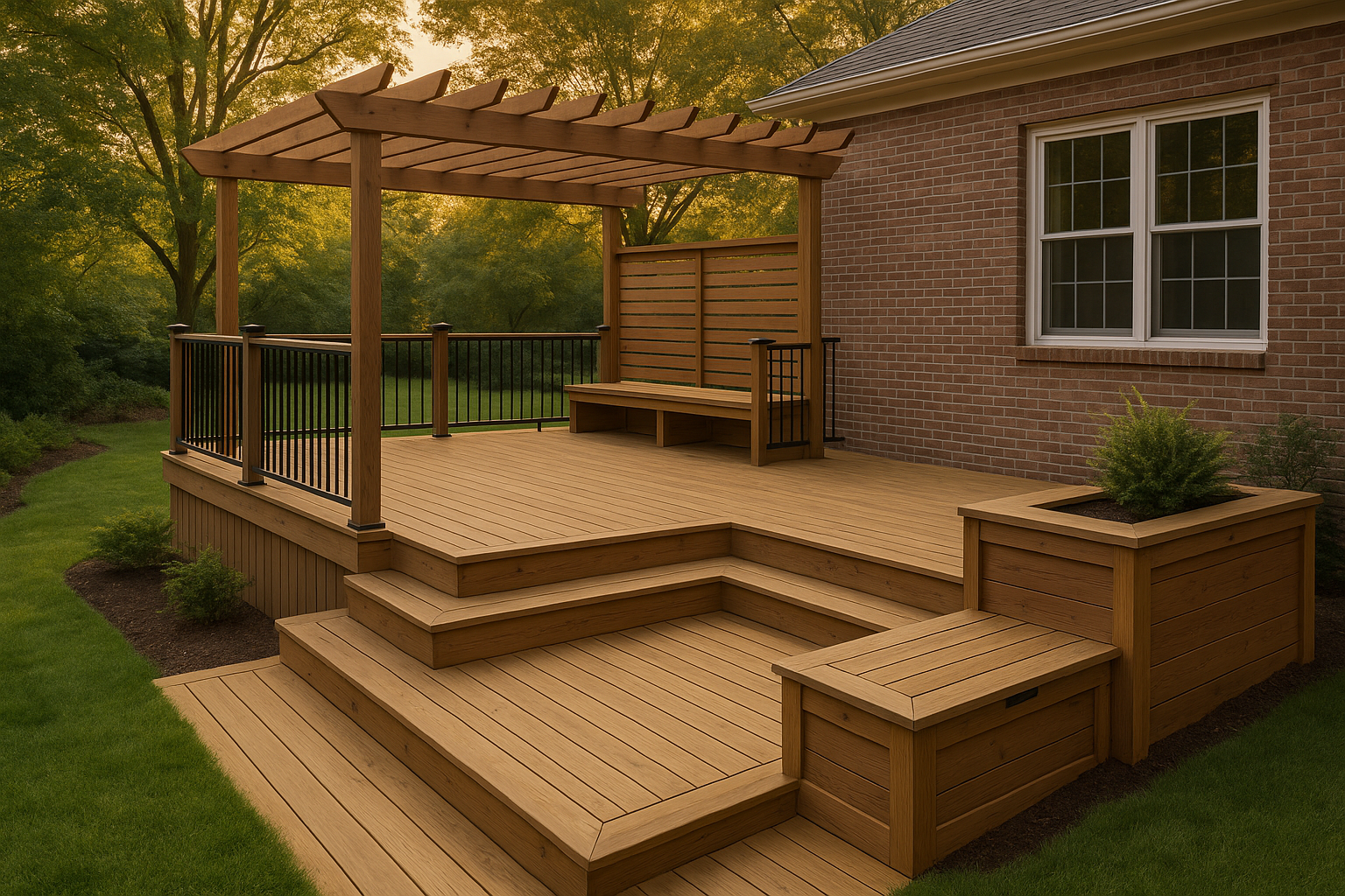 Multi-level SYP deck with cedar fascia, pergola, privacy screen, built-in bench and planter in warm golden hour backyard.