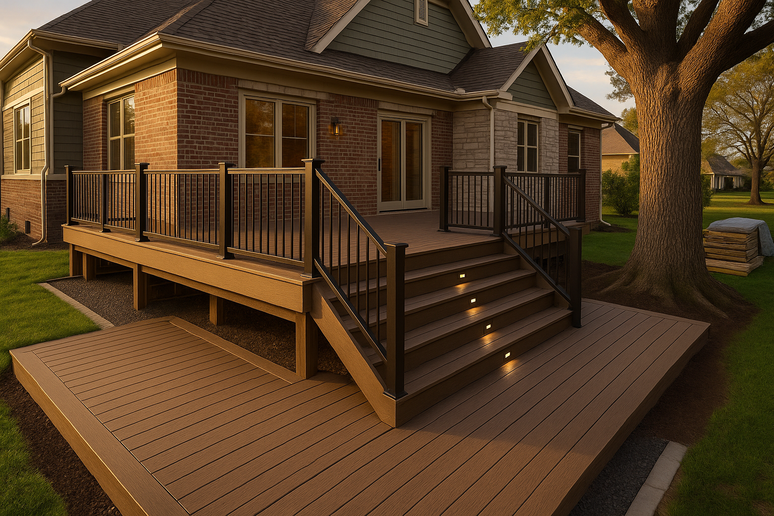 Golden-hour wide view of a multi-level composite deck with picture-frame border, black railings, stairs, oak and tidy jobsite.