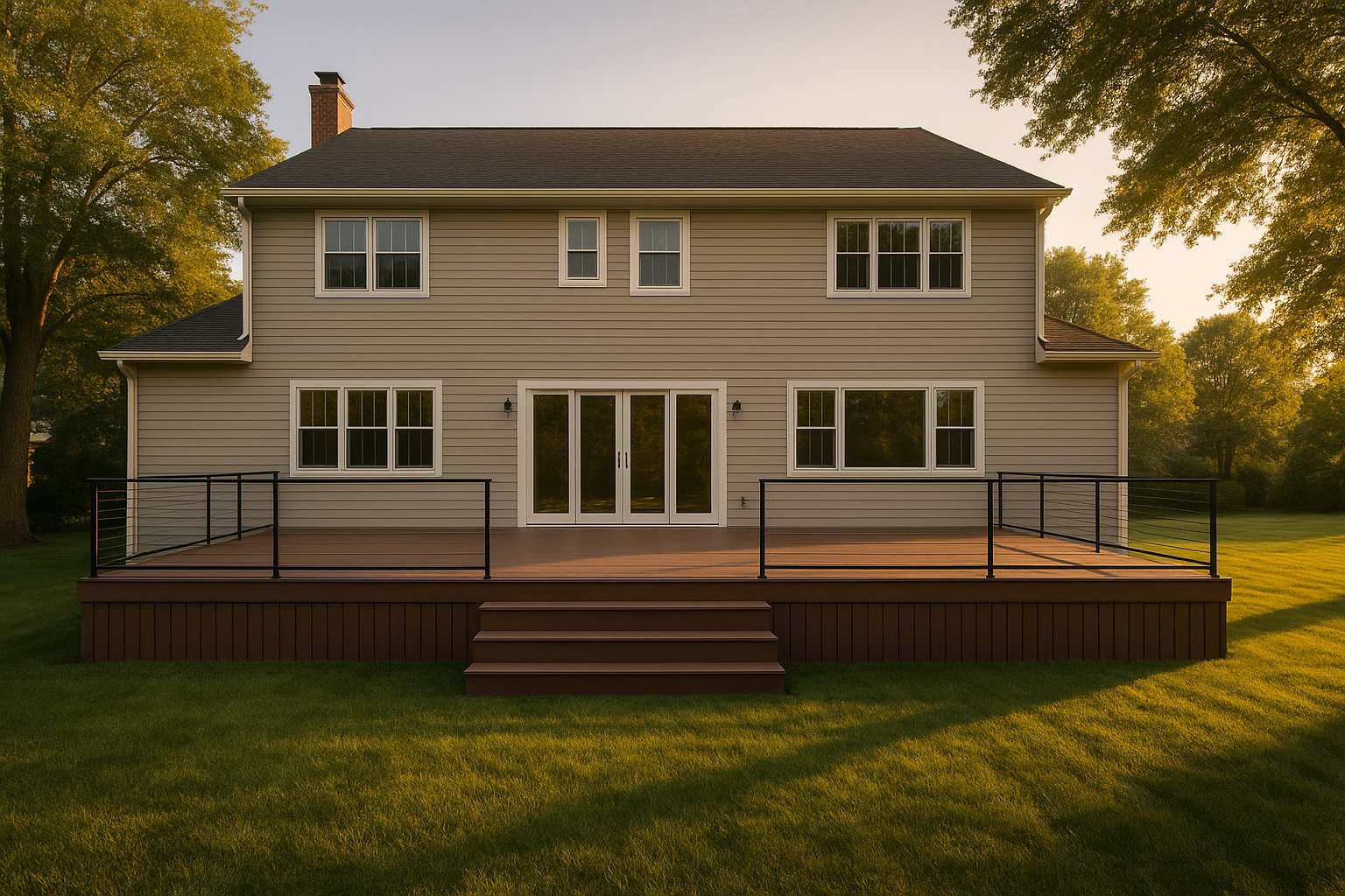 Wide golden-hour view of a Zionsville-style home with a new composite deck and slim aluminum railing, mature lawn, no people.