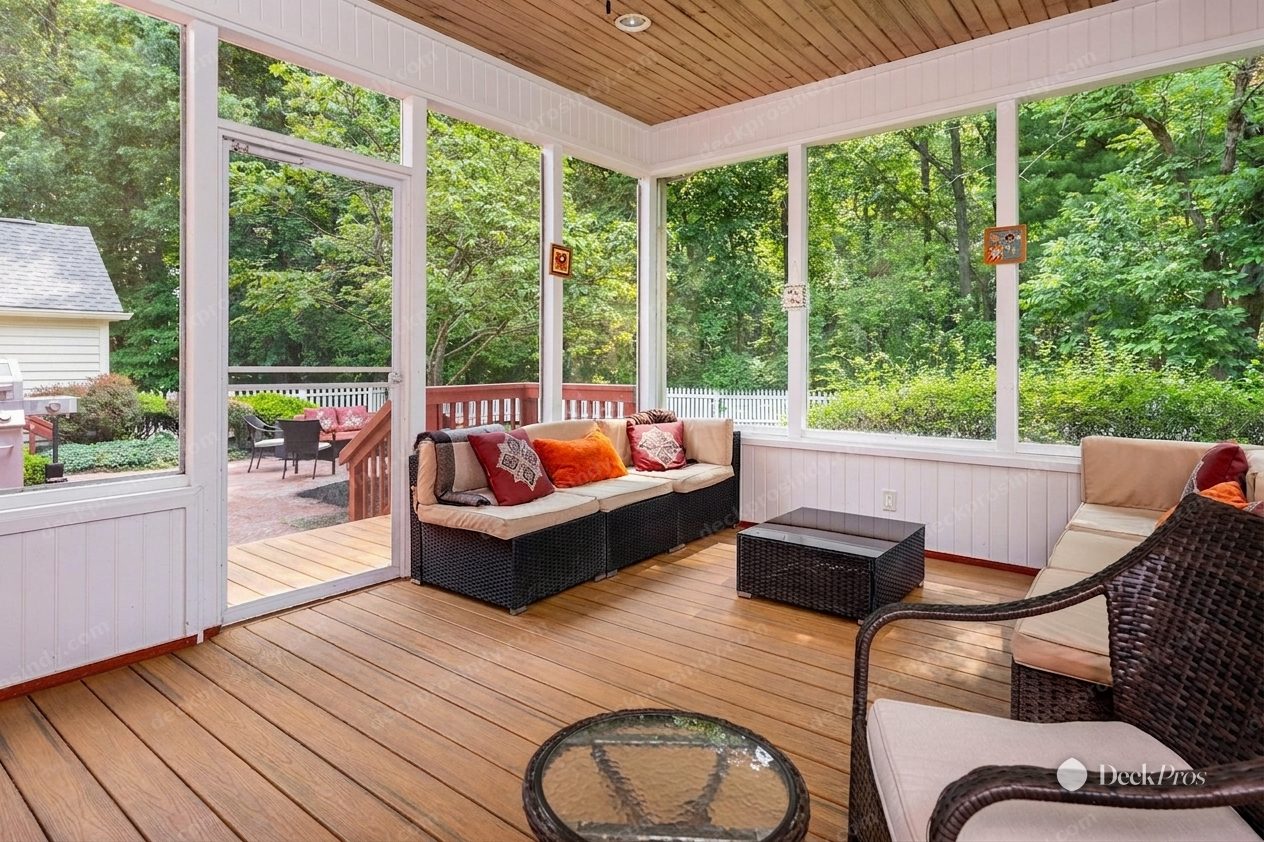 The same screened porch after: the floor refinished in warm honey-toned wood that carries out through the door to the deck beyond.