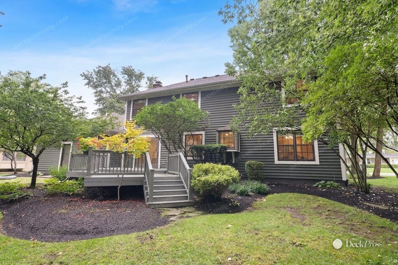 The same rear elevation after: the deck and stairs rebuilt in Trex Enhance Naturals Foggy Wharf, a clean driftwood grey running the full width of the house.